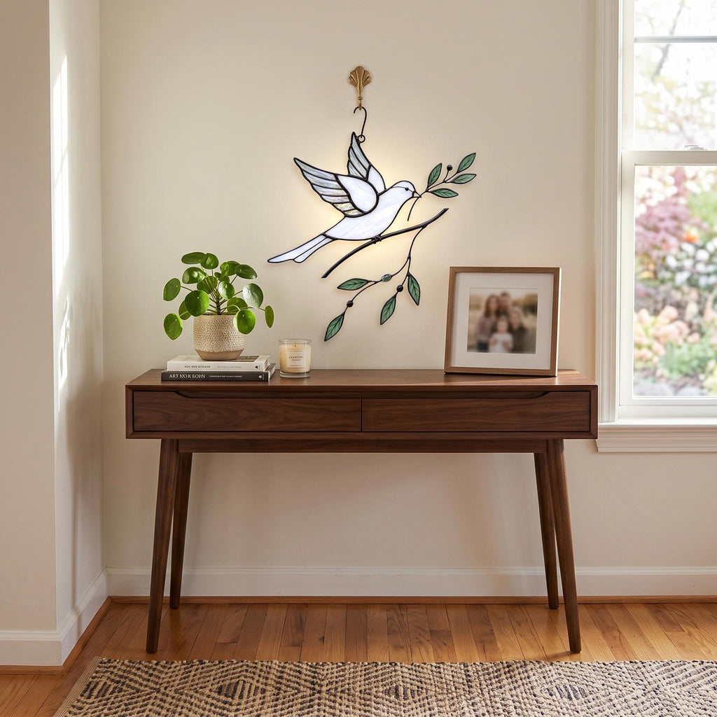 Stained Glass Dove Suncatcher, Peace Bird Olive Branch Window Hanging