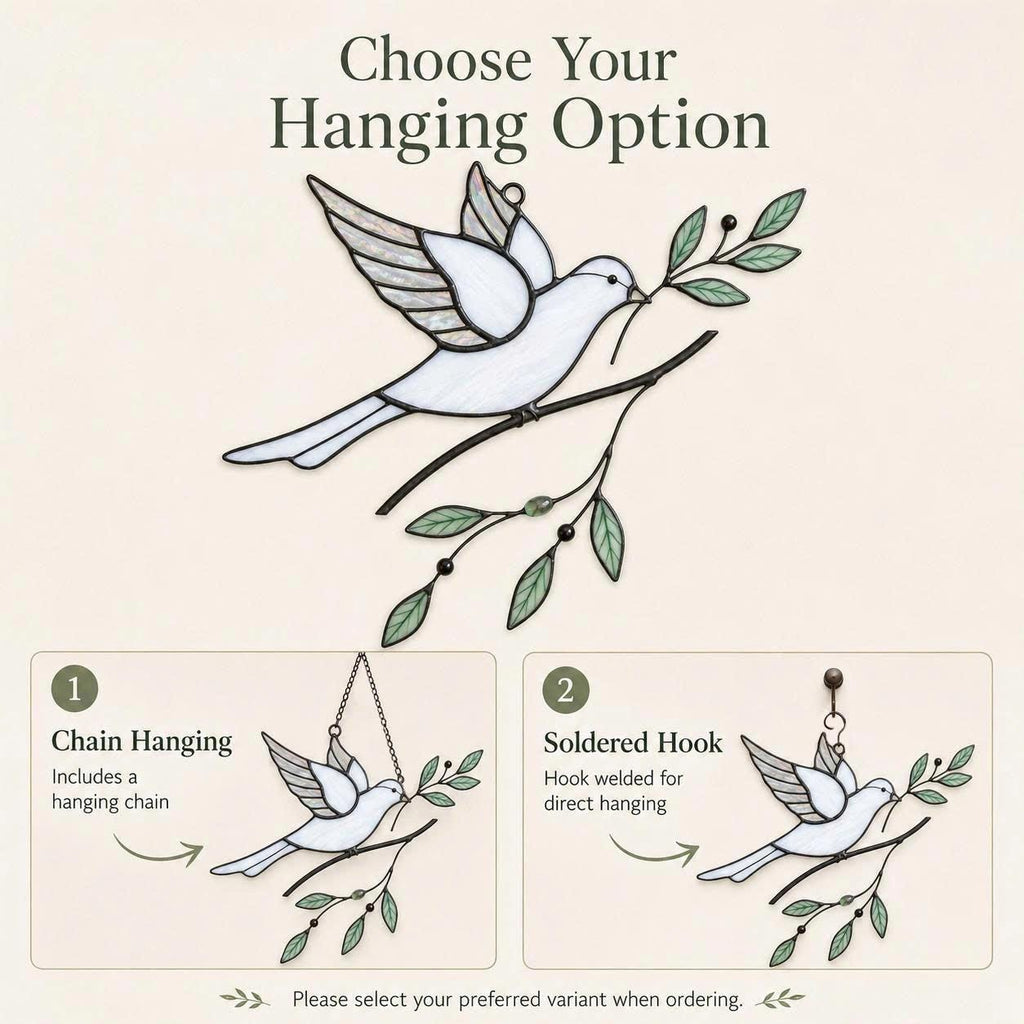 Stained Glass Dove Suncatcher, Peace Bird Olive Branch Window Hanging