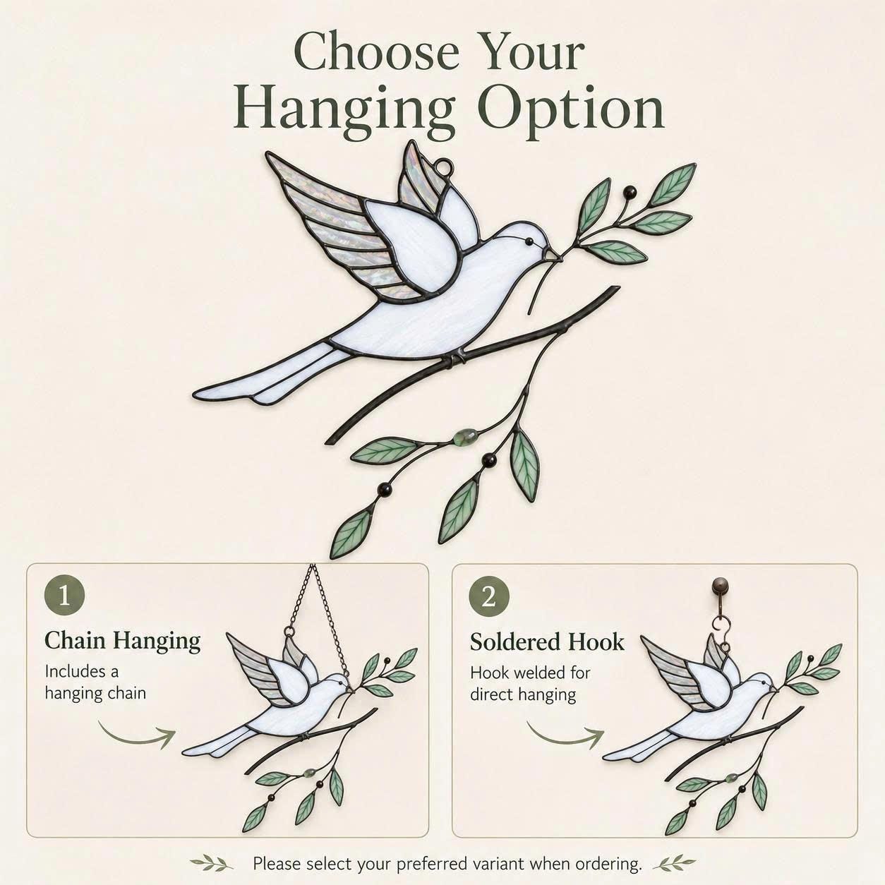Stained Glass Dove Suncatcher, Peace Bird Olive Branch Window Hanging