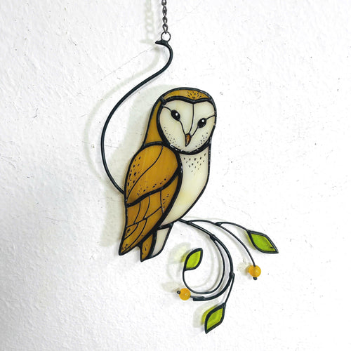 Stained Glass Bird Suncatcher, Barn Owl October Birth Month Gift, Owl Window Hanging Decor