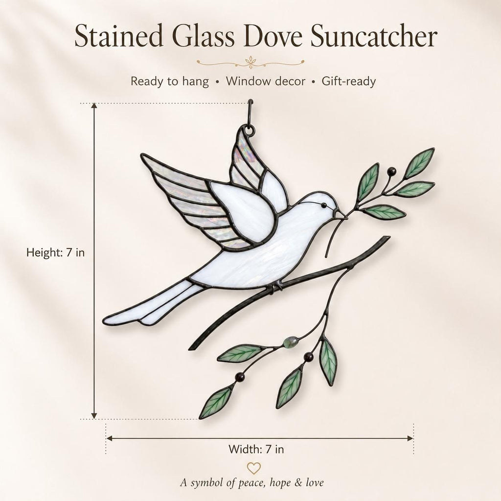 Stained Glass Dove Suncatcher, Peace Bird Olive Branch Window Hanging
