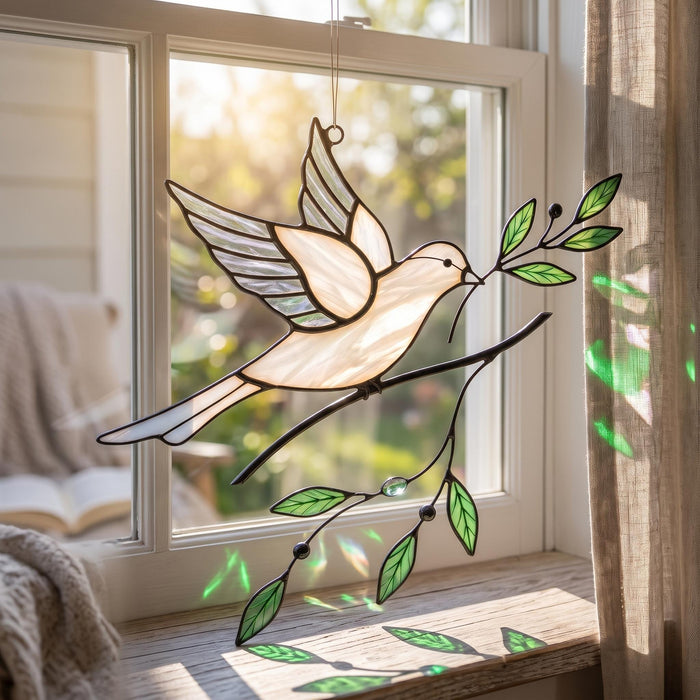 Stained Glass Dove Suncatcher, Peace Bird Olive Branch Window Hanging