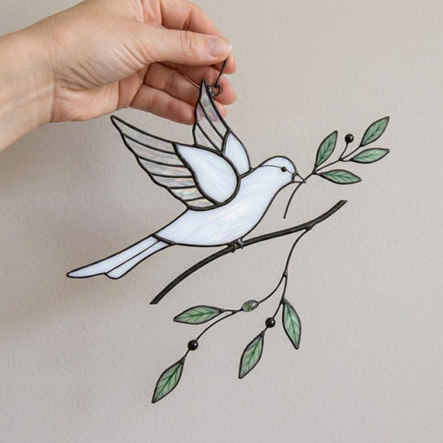 Stained Glass Dove Suncatcher, Peace Bird Olive Branch Window Hanging