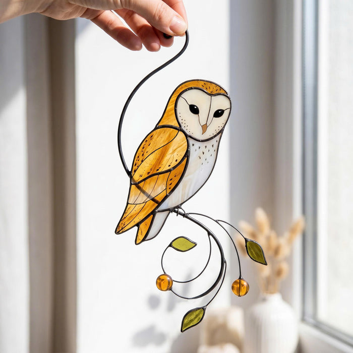 Stained Glass Bird Suncatcher, Barn Owl October Birth Month Gift, Owl Window Hanging Decor