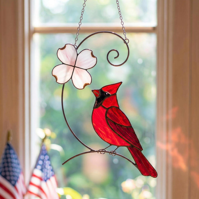 Cardinal Stained Glass Suncatcher, February Birth Month Bird Gift, Handmade Red Bird Window Hanging Decor